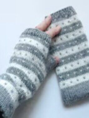 Hand Knit Fingerless Mitts, Mittens, Striped Gloves, 100% Wool, Women One Size